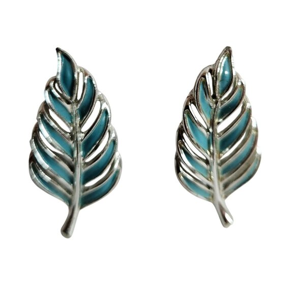 Vintage Emmons Silver-tone & Blue Enamel Leaf Clip-On Earrings 1 Inch Long - Picture 1 of 3